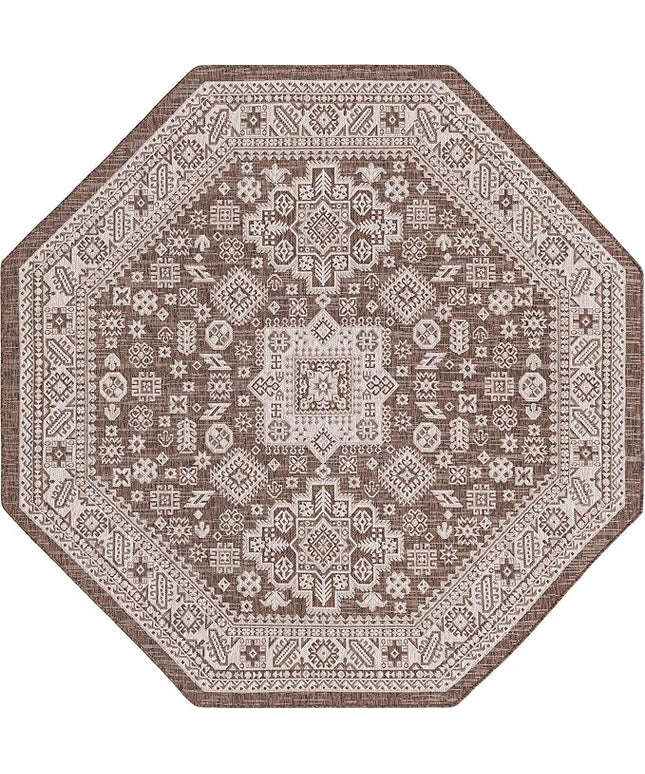 Rugs.com Outdoor Aztec Collection Rug – 8 Ft Octagon Brown Flatweave Rug Perfect for Living Rooms, Kitchens, Entryways