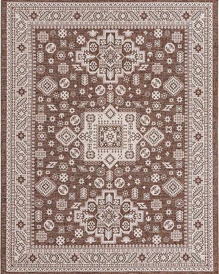 Rugs.com Outdoor Aztec Collection Rug – 9' x 12' Brown Flatweave Rug Perfect for Living Rooms