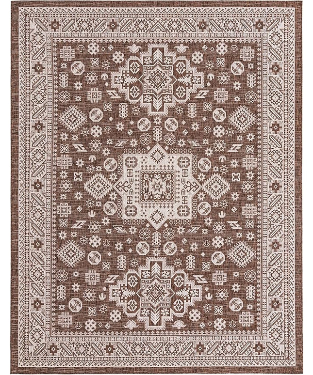 Rugs.com Outdoor Aztec Collection Rug – 9' x 12' Brown Flatweave Rug Perfect for Living Rooms