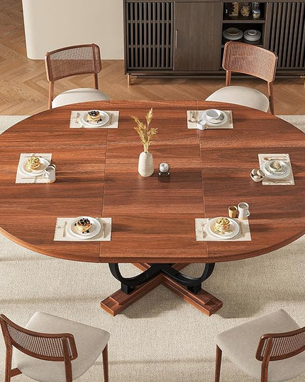 59" Round Extendable Dining Table for 4-6, Modern Oval Kitchen Table with Heavy Duty Curved Legs & Wood X-Based, MDF Board with Spring Buckle, Space Saving, Dining Kitchen Living Room, Walnut