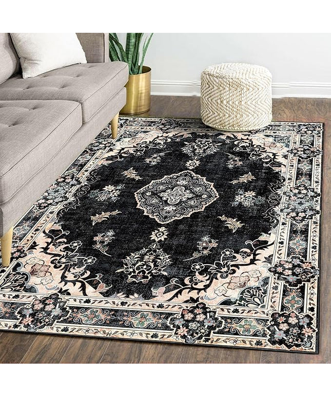 MUJOO Area Rugs 5'x7'Black,Boho Rug for Bedroom Living Room Dining Room, Large Machine Washable Non Slip Carpet Vintage Bohemian Distressed Farmhouse,Floral