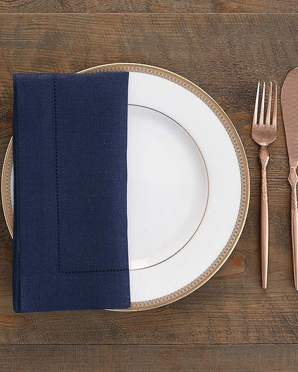 Solino Home Navy Blue Linen Napkins Set of 4-100% Pure Linen Hemstitch Dinner Napkins 20 x 20 Inch for Christmas, Holiday, Winter, New Year - Classic Hemstitch