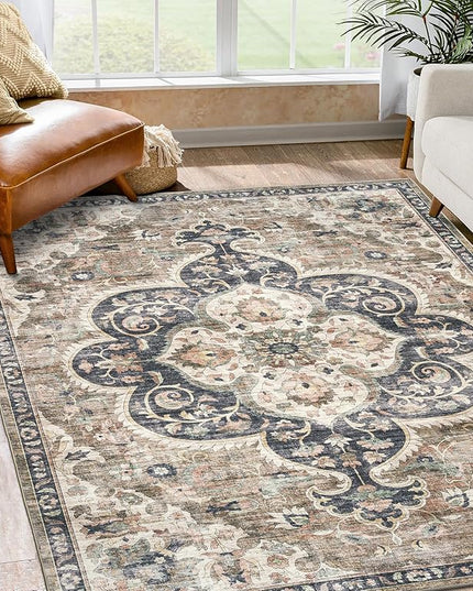 ReaLife Rugs Machine Washable Area Rug - Living Room Bedroom Bathroom Kitchen Entryway Office - Padded Low Pile Stain Resistant Premium - Boho Farmhouse Vintage - Joy - Brown Beige 7'6" x 9'6"