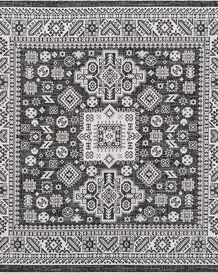 Rugs.com Outdoor Aztec Collection Rug – 6 Ft Square Charcoal Gray Flatweave-Pile Rug Perfect for Living Rooms, Kitchens, Entryways