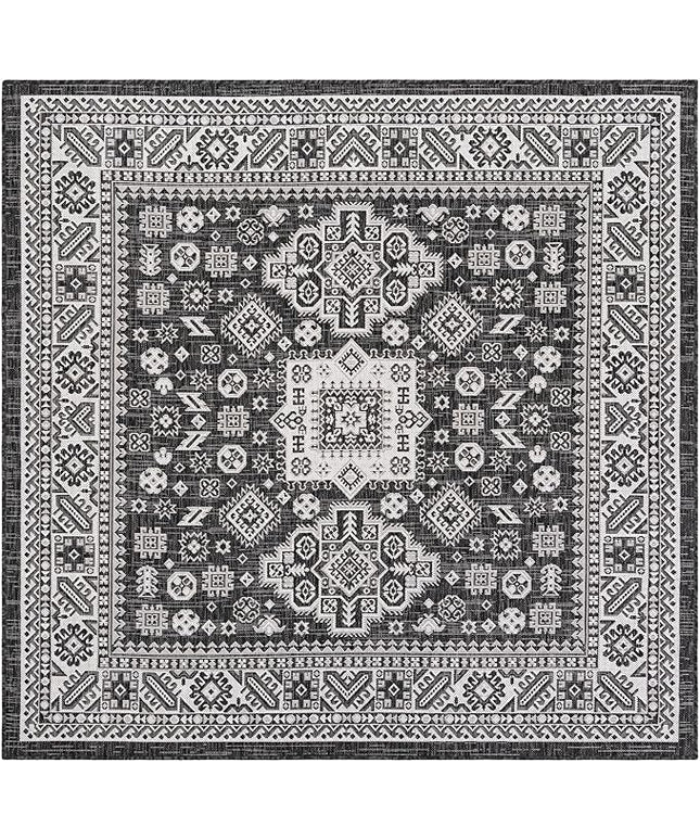 Rugs.com Outdoor Aztec Collection Rug – 6 Ft Square Charcoal Gray Flatweave-Pile Rug Perfect for Living Rooms, Kitchens, Entryways