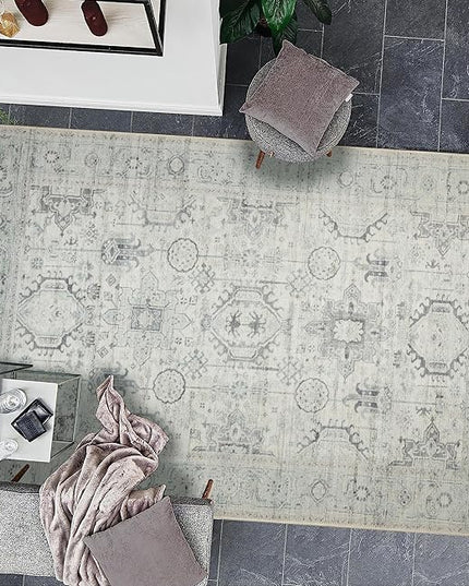 GLN Rugs Bohemian Collection - Machine Washable Area Rug, Bohemian Vintage, Non Slip, Low Pile Chenille Rug, Living Room, Bedroom, Bathroom Rug (6'x9' Beige and Gray)