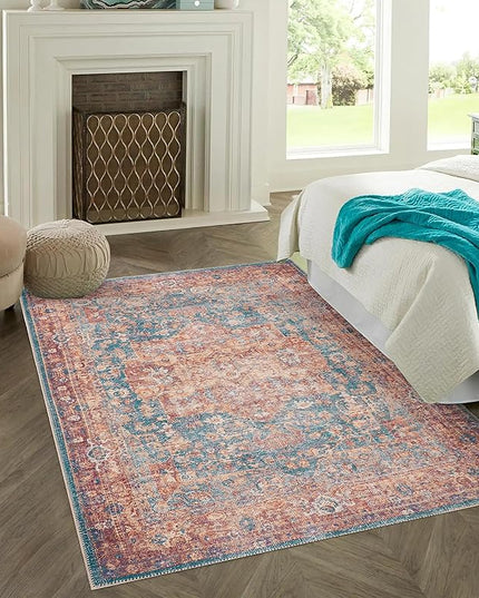 GLN Rugs Traditional Collection - Machine Washable Area Rug, Traditional Washable, Non Slip, Low Pile Chenille Rug, Living Room, Bedroom, Kitchen Rug (7'10"x10' Terra/Green)