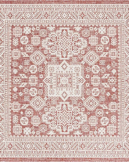 Rugs.com Outdoor Aztec Collection Rug – 5 Ft Square Rust Red Flatweave Rug Perfect for Living Rooms, Kitchens, Entryways