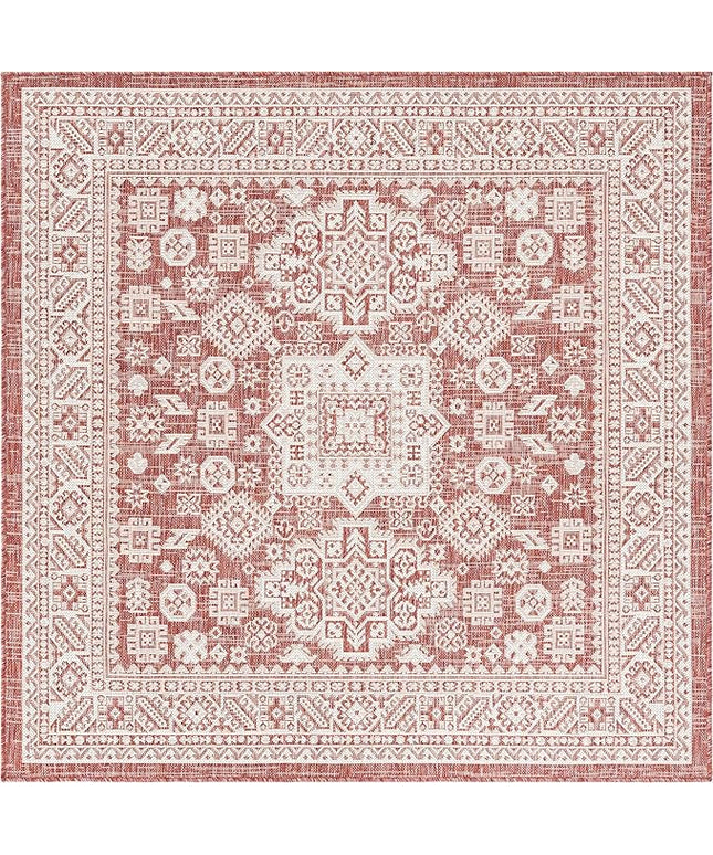 Rugs.com Outdoor Aztec Collection Rug – 5 Ft Square Rust Red Flatweave Rug Perfect for Living Rooms, Kitchens, Entryways