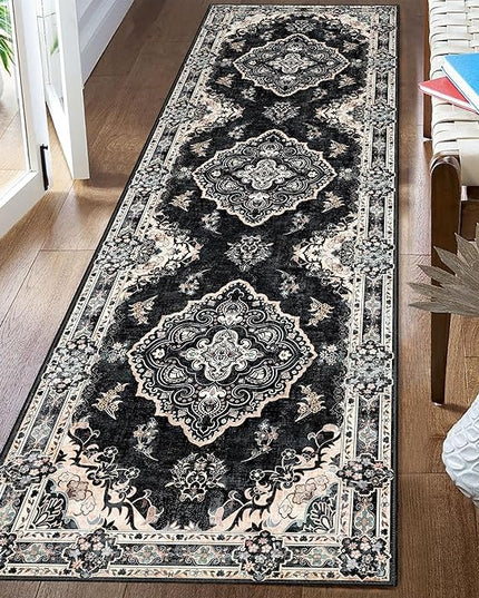 MUJOO Hallway Runner Rug 2'x8' Black,Long Boho Rug Runners Washable Non Slip Carpet for Entryway Kitchen Bathroom Bedside,Vintage Bohemian Distressed Farmhouse Non Slip Carpet,Floral