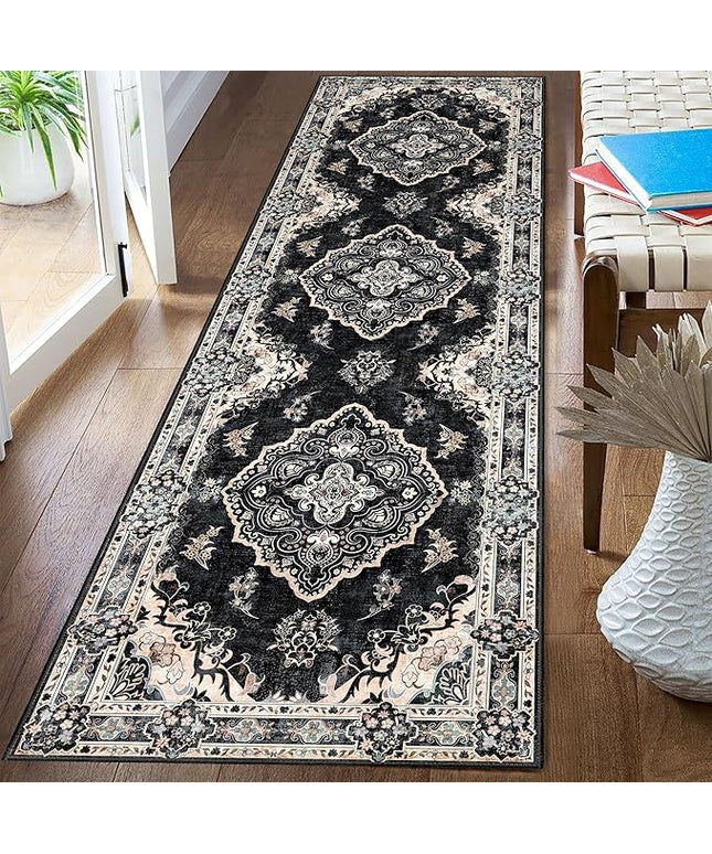 MUJOO Hallway Runner Rug 2'x8' Black,Long Boho Rug Runners Washable Non Slip Carpet for Entryway Kitchen Bathroom Bedside,Vintage Bohemian Distressed Farmhouse Non Slip Carpet,Floral