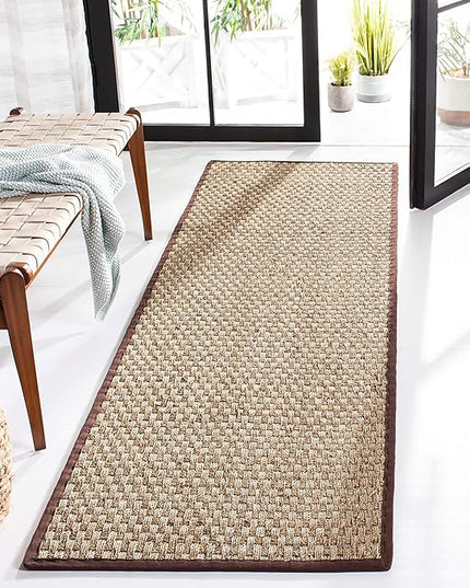 SAFAVIEH Natural Fiber Collection Runner Rug - 2'6" x 12', Natural & Dark Brown, Seagrass, Basketweave Pattern with Border (NF114K)