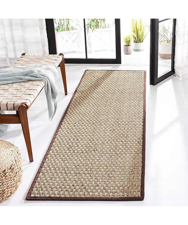 SAFAVIEH Natural Fiber Collection Runner Rug - 2'6" x 12', Natural & Dark Brown, Seagrass, Basketweave Pattern with Border (NF114K)