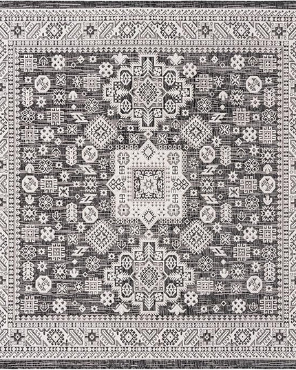 Rugs.com Outdoor Aztec Collection Rug – 8 Ft Square Charcoal Gray Flatweave Rug Perfect for Living Rooms, Kitchens, Entryways