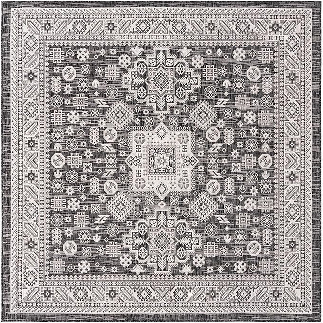 Rugs.com Outdoor Aztec Collection Rug – 8 Ft Square Charcoal Gray Flatweave Rug Perfect for Living Rooms, Kitchens, Entryways