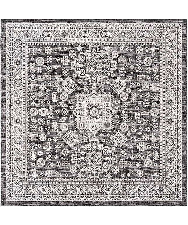 Rugs.com Outdoor Aztec Collection Rug – 8 Ft Square Charcoal Gray Flatweave Rug Perfect for Living Rooms, Kitchens, Entryways