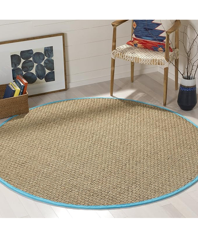 SAFAVIEH Area Rug 6' Round - Natural Fiber Collection - Natural & Turquoise, Seagrass, Basketweave Pattern with Border (NF114S)