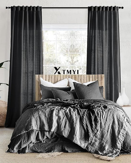 XTMYI Black Curtains 96 Inches Long for Bedroom 2 Panels Linen Sheer Lace Farmhouse Boho Gothic Curtain Drapes for Living Room Home Decor