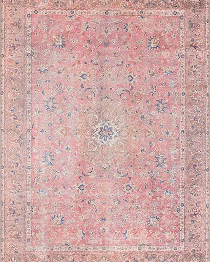GLN Rugs Traditional Collection - Machine Washable Area Rug, Traditional Washable, Non Slip, Low Pile Chenille Rug, Living Room, Bedroom, Kitchen Rug (9'x12' Pink Vintage)