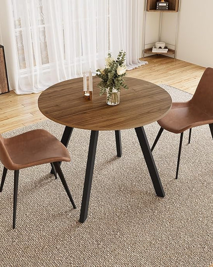 34.6'' Dining Table and Chairs for 2, Mid Century Modern Round Table Set, Space Saving for Apartment Kitchen Dining Room (Walnut Table+2 Brown Chairs)