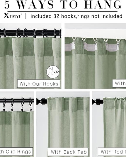 XTMYI Sage Green 90 Inches Long,50 Inches Wide Country Curtains for Living Room,Sheer Linen Curtains for Bedroom