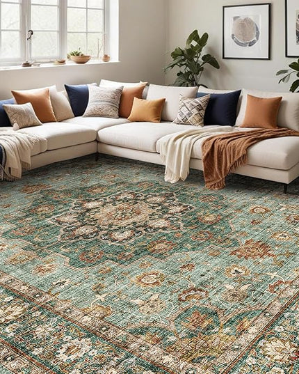 Washable Oriental Area Rug - 12x15 Rugs for Living Room Soft Carpet for Bedroom Waterproof Floral Distressed Indoor Stain Resistant Non-Shedding Floor Carpets (Green, 12x15)