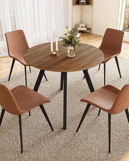 34.6'' Round Dining Table and Chairs for 4 Space Saving for Apartment Kitchen Dining Room (Walnut Table+4 Brown Chairs)