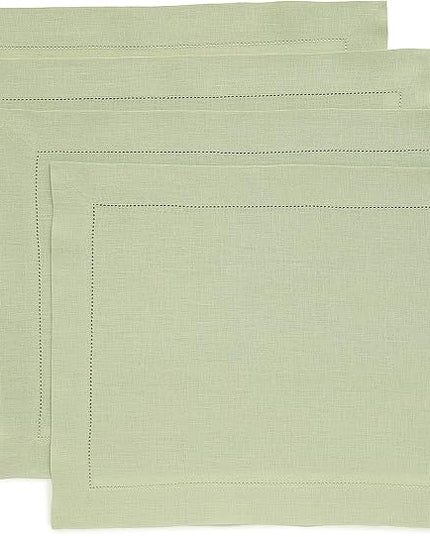Solino Home Linen Placemats Set of 4 - Classic Hemstitch Sage Green Placemats 14 x 19 Inch - 100% Pure Linen Table Mats for Christmas, Winter, New Year