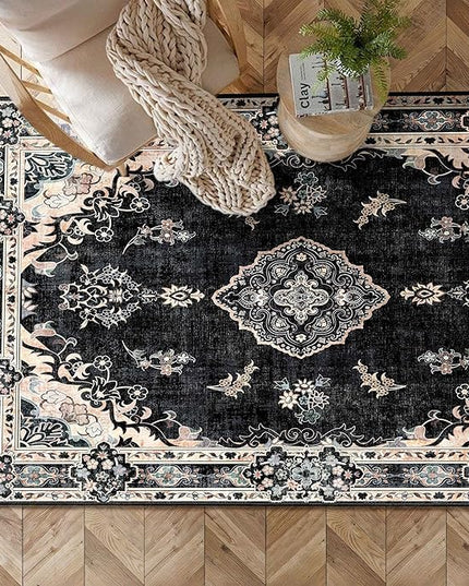 MUJOO Black Rug 3'x5' Washable, Boho Area Rugs for Entryway Bedroom Living Room Kitchen,Small Vintage Bohemian Distressed Farmhouse Non Slip Carpet,Floral