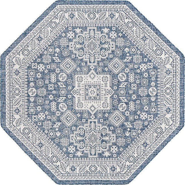 Rugs.com Outdoor Aztec Collection Rug – 8 Ft Octagon Blue Flatweave Rug Perfect for Living Rooms, Kitchens, Entryways