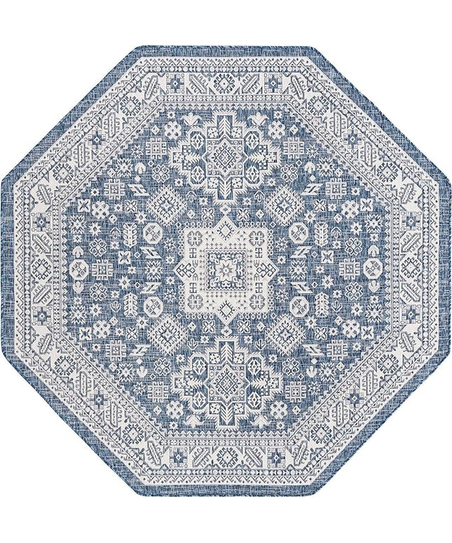 Rugs.com Outdoor Aztec Collection Rug – 8 Ft Octagon Blue Flatweave Rug Perfect for Living Rooms, Kitchens, Entryways