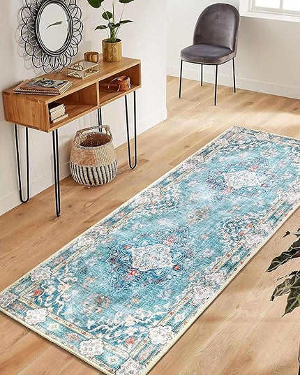 MUJOO Hallway Runner Rug - Machine Washable, Non Slip Boho Teal Rug for Hallways, Entryway, Kitchen, Bathroom, Bedside - Retro Soft Low-Pile 2'x6' Blue Blossom