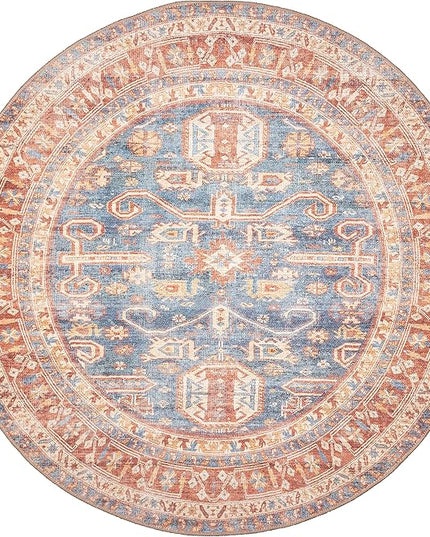 GLN Rugs Traditional Collection - Machine Washable Area Rug, Traditional Washable, Non Slip, Low Pile Chenille Rug, Living Room, Bedroom, Kitchen Rug (5'3" Round Terra/Blue)