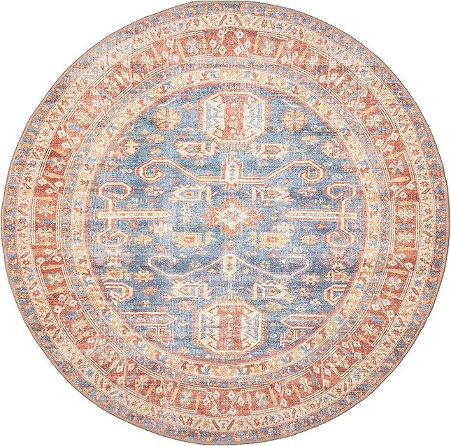 GLN Rugs Traditional Collection - Machine Washable Area Rug, Traditional Washable, Non Slip, Low Pile Chenille Rug, Living Room, Bedroom, Kitchen Rug (5'3" Round Terra/Blue)