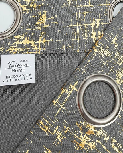 Taisier Home Gold Foil Print Linen Textured Curtains - Geometric Dots Pattern for Nursery Toy Room - Thermal Insulated Window Treatment 2 Panels 54" L, Dark Grey and Gold