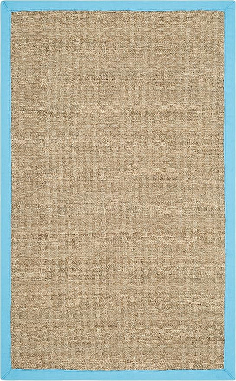 SAFAVIEH Area Rug 3x5 - Natural Fiber Collection - Natural & Turquoise, Seagrass, Basketweave Pattern with Border (NF114S)