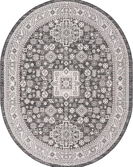 Rugs.com Outdoor Aztec Collection Rug – 8' x 10' Oval Charcoal Gray Flatweave Rug Perfect for Living Rooms, Large Dining Rooms, Open Floorplans