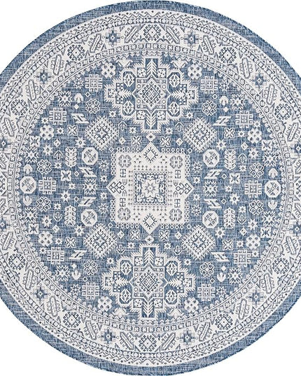 Rugs.com Outdoor Aztec Collection Rug – 8 Ft Round Blue Flatweave Rug Perfect for Kitchens, Dining Rooms