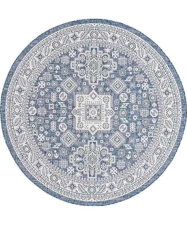 Rugs.com Outdoor Aztec Collection Rug – 8 Ft Round Blue Flatweave Rug Perfect for Kitchens, Dining Rooms