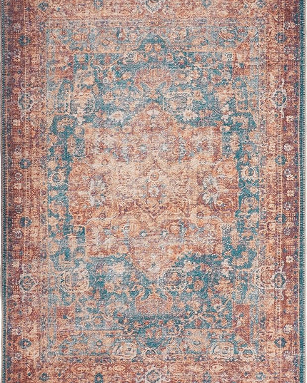 GLN Rugs Traditional Collection - Machine Washable Area Rug, Traditional Washable, Non Slip, Low Pile Chenille Rug, Living Room, Bedroom, Kitchen Rug (3'x5' Terra/Green)