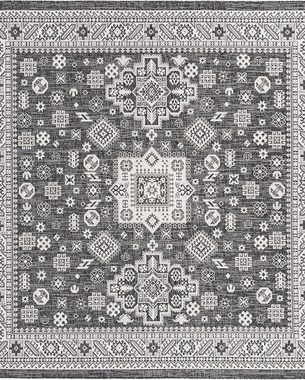 Rugs.com Outdoor Aztec Collection Rug – 10 Ft Square Charcoal Gray Flatweave Rug Perfect for Living Rooms, Kitchens, Entryways