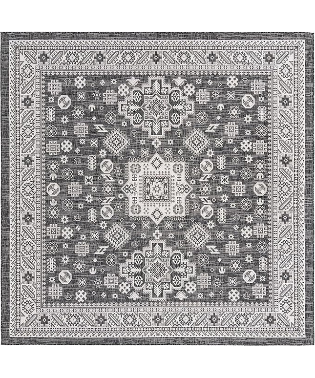 Rugs.com Outdoor Aztec Collection Rug – 10 Ft Square Charcoal Gray Flatweave Rug Perfect for Living Rooms, Kitchens, Entryways