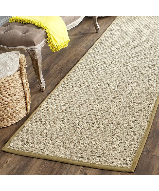 SAFAVIEH Natural Fiber Collection Runner Rug - 2'6" x 10', Natural & Olive Green, Seagrass, Basketweave Pattern with Border (NF114G)