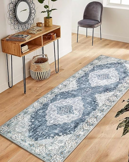 MUJOO Hallway Runner Rug Machine Washable Runner Rugs Non Slip Boho Blue Grey Runner Rug for Hallways Entryway Kitchen Bathroom Bedside Retro Soft Low-Pile 2'x6' Blossom