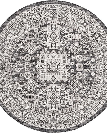 Rugs.com Outdoor Aztec Collection Rug – 5 Ft Round Charcoal Gray Flatweave Rug Perfect for Kitchens, Dining Rooms