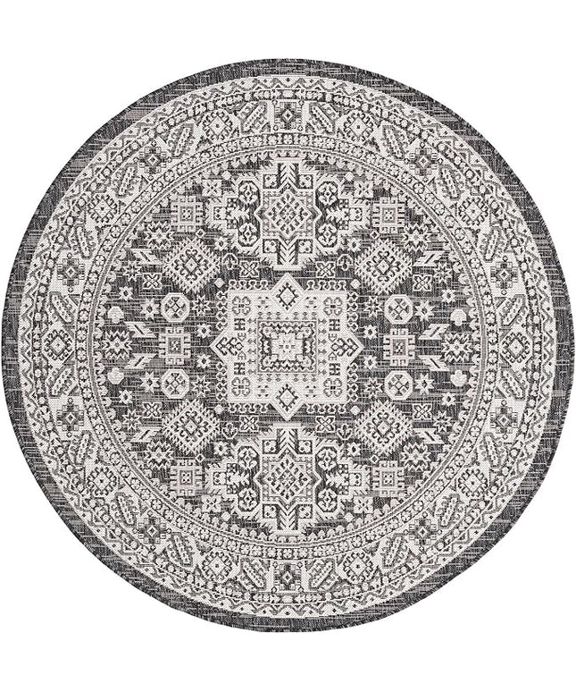 Rugs.com Outdoor Aztec Collection Rug – 5 Ft Round Charcoal Gray Flatweave Rug Perfect for Kitchens, Dining Rooms