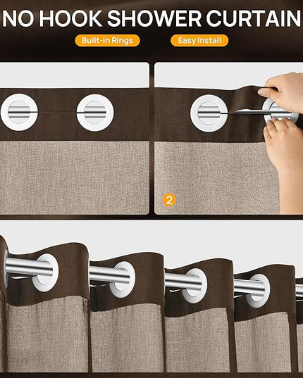 Tan Brown No Hooks Linen Shower Curtain with Snap in Liner Set Rustic Farmhouse Shower Curtains for Bathroom Cream Burlap Cloth Double Bath Curtains with See Through Top Window 72x75