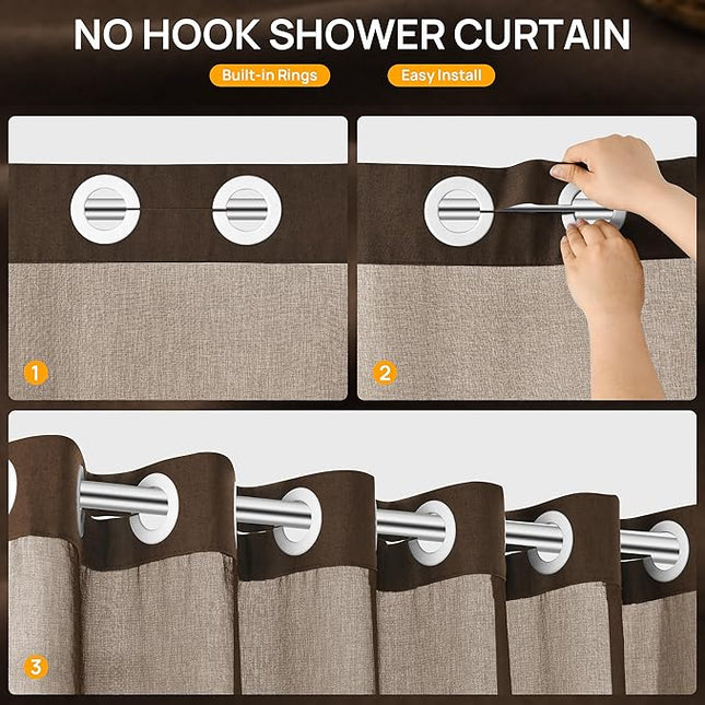 Tan Brown No Hooks Linen Shower Curtain with Snap in Liner Set Rustic Farmhouse Shower Curtains for Bathroom Cream Burlap Cloth Double Bath Curtains with See Through Top Window 72x75