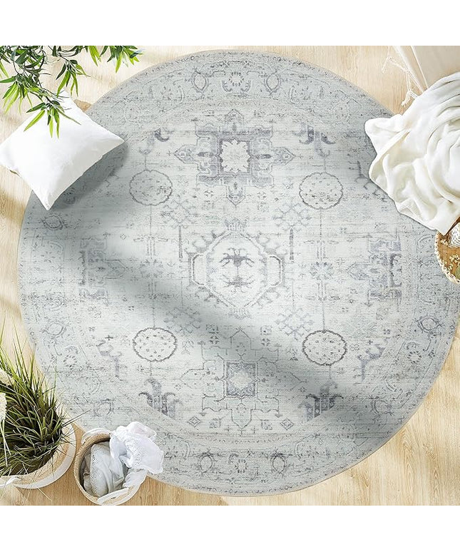 GLN Rugs Bohemian Collection - Machine Washable Area Rug, Bohemian Vintage, Non Slip, Low Pile Chenille Rug, Living Room, Bedroom, Bathroom Rug (5'3" Round Beige/Gray)