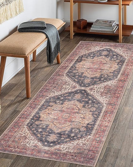 GLN Rugs Traditional Collection - Machine Washable Area Rug, Traditional Washable, Non Slip, Low Pile Chenille Rug, Living Room, Bedroom, Kitchen Rug (2'6"x7' Black/Terra)